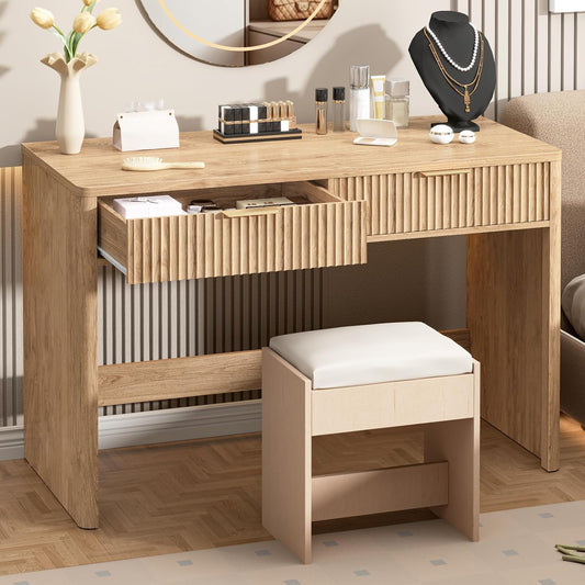 Vabches 47 Inch Fluted Computer Desk with Drawers for Bedroom