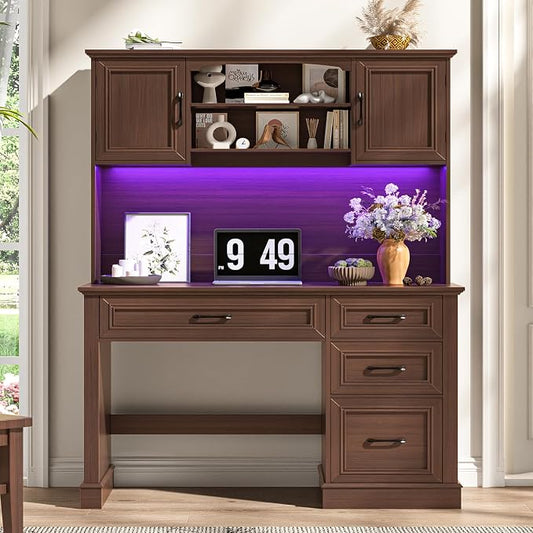 Vabches Farmhouse 67in Executive Desk with LED Light and Charging Station
