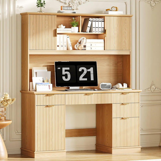 Farmhouse 59in Executive Desk with 5 Drawers and 3 Storage Cabinets