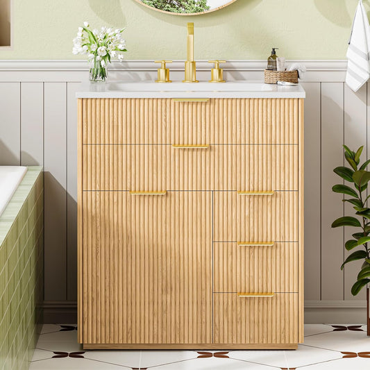 Farmhouse Fluted Bathroom Vanity with Ceramic Sink and 5 Drawers
