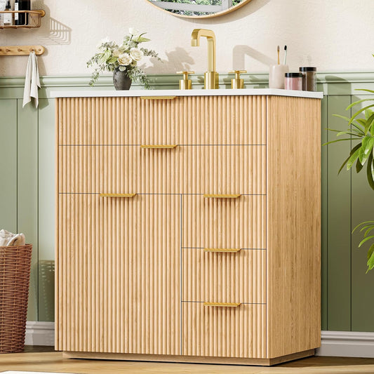 Farmhouse Fluted Bathroom Vanity with Ceramic Sink and 5 Drawers
