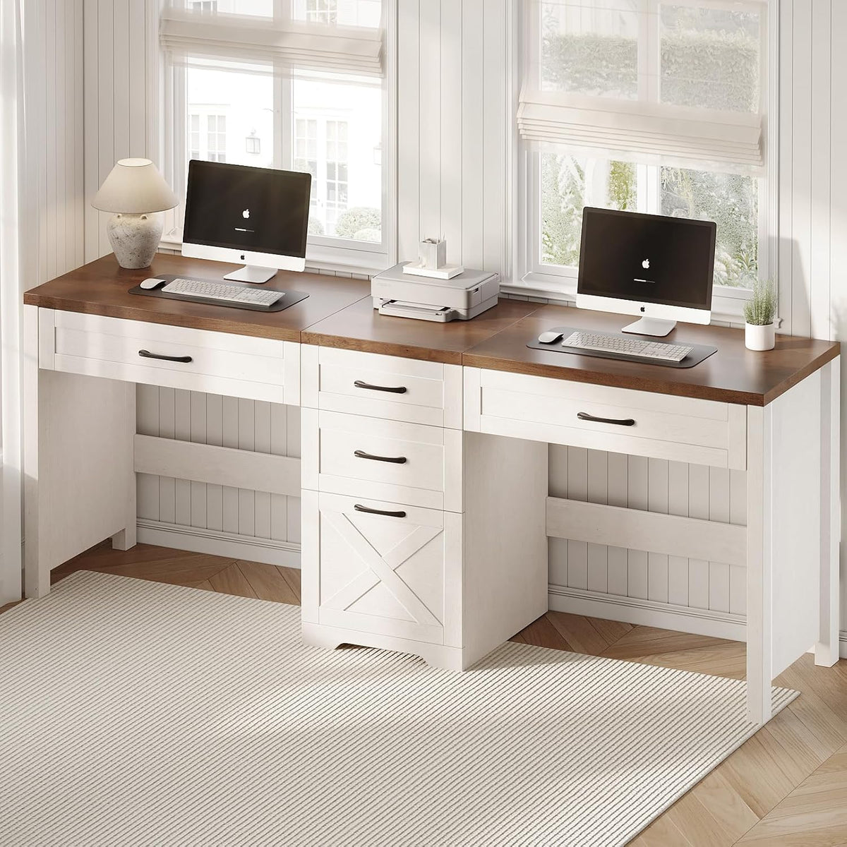 Vabches Farmhouse Two Person Computer Desk with 5 Storage Drawers
