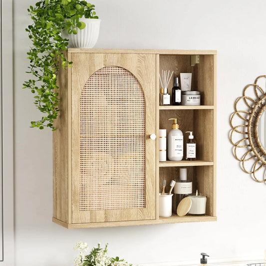 Boho Rattan Bathroom Wall Mounted Storage Cabinet with Door