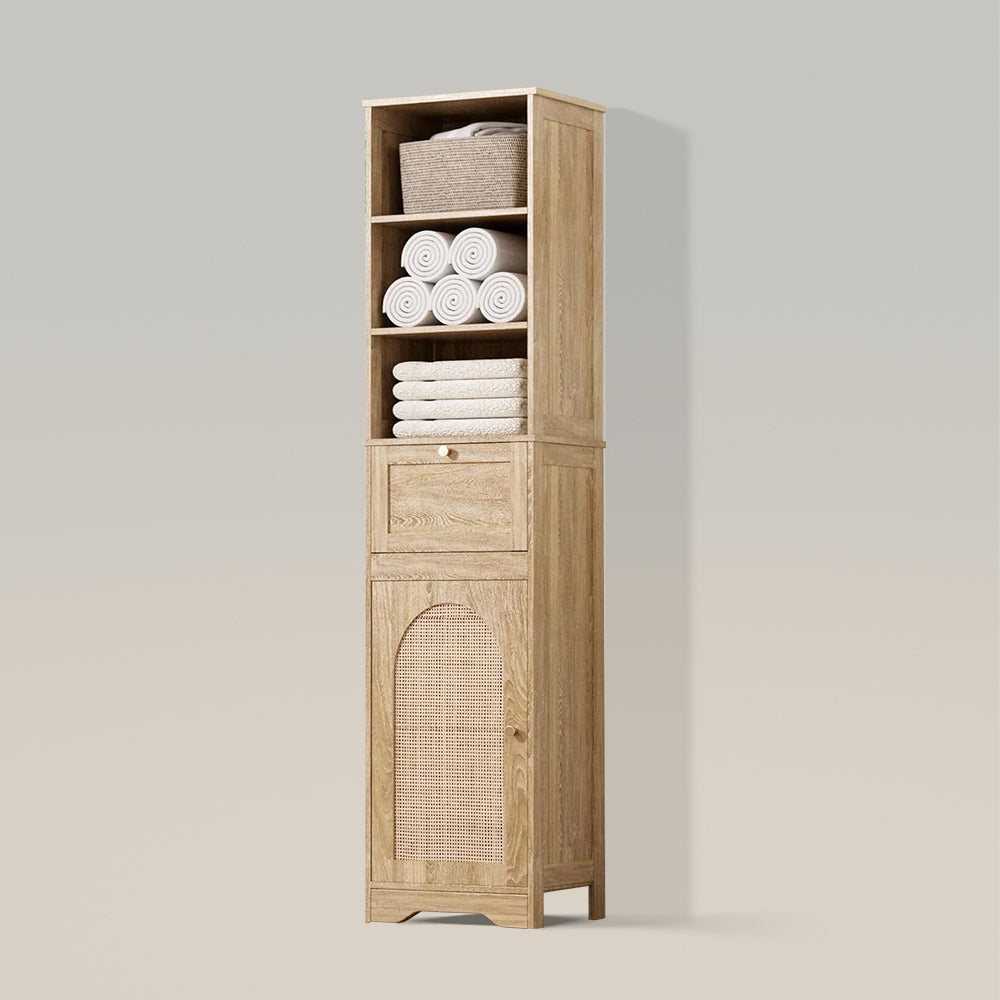 67''H Linen Bathroom Storage Cabinet with Rattan Doors & Drawer