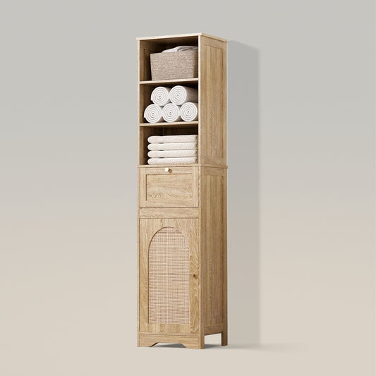 67''H Linen Bathroom Storage Cabinet with Rattan Doors & Drawer