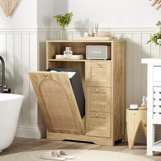 Rattan Barthroom Storage Cabinet with 3 Sliding Square