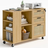 3 Drawer Lateral Mobile Rattan Filing Cabinet with Storage