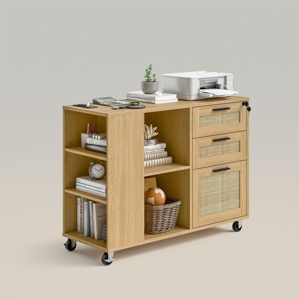 3 Drawer Lateral Mobile Rattan Filing Cabinet with Storage