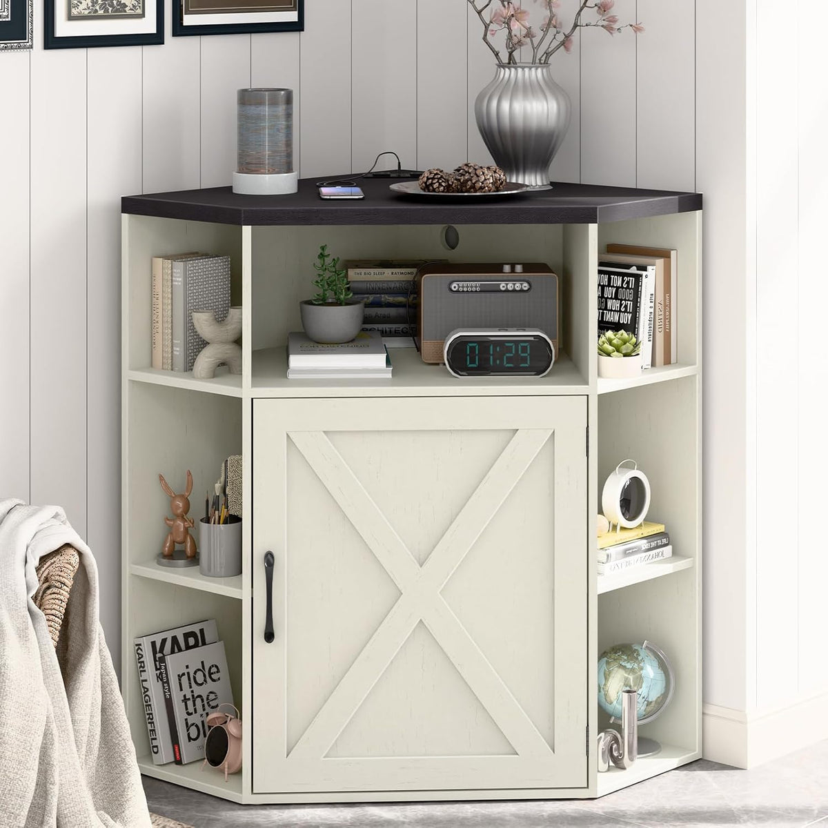 Vabches Corner Storage Cabinet with USB Ports and Outlets