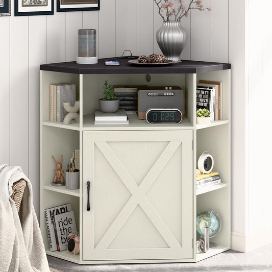Vabches Corner Storage Cabinet with USB Ports and Outlets