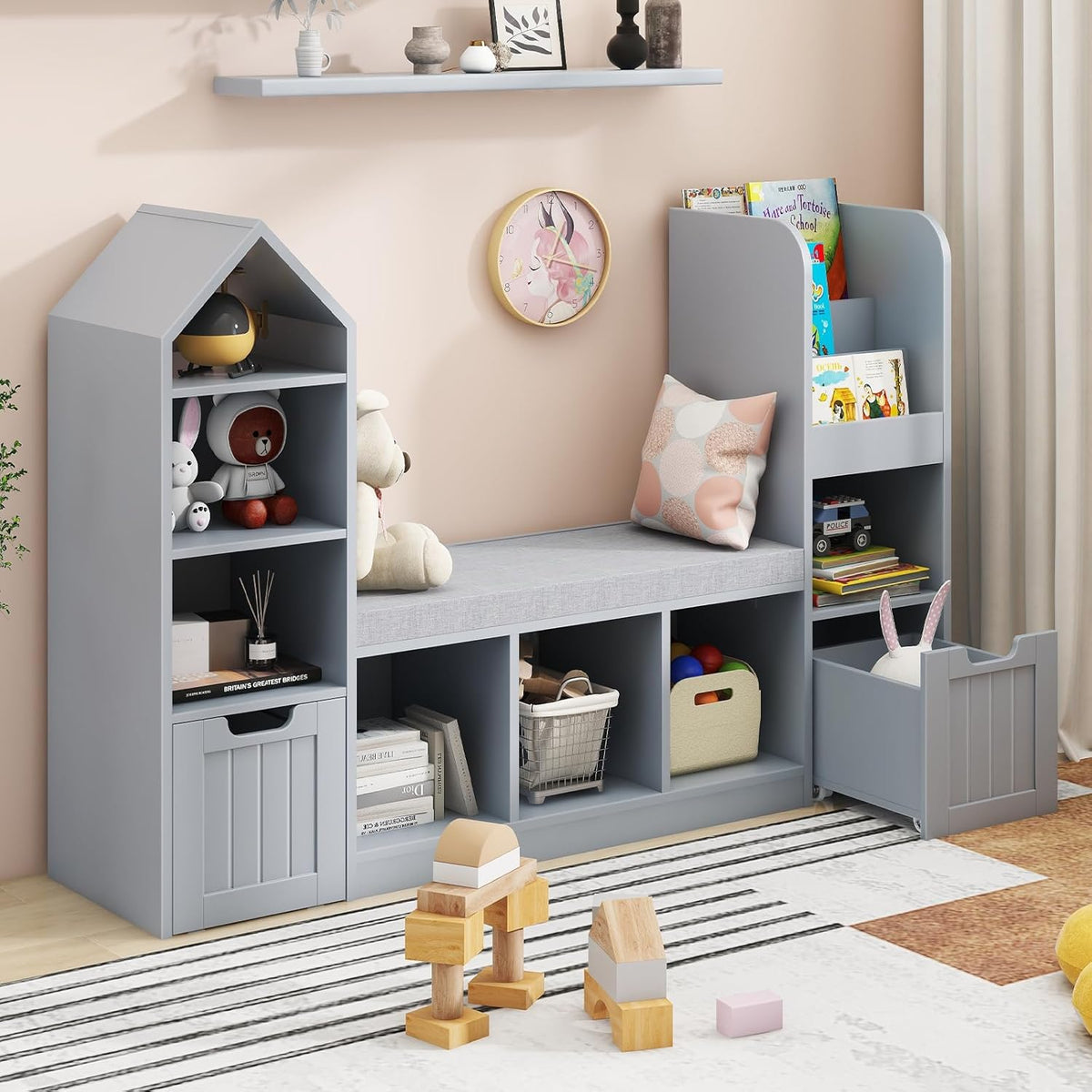 Kids Multifunctional Bookcase with Storage Cubbies Movable Drawers