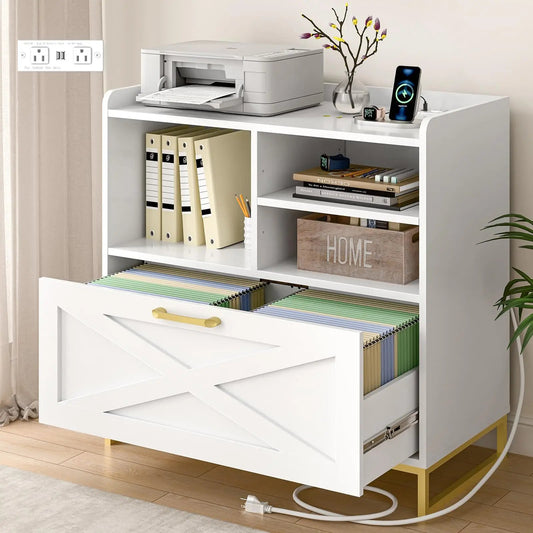 Modern Farmhouse Lateral File Cabinet with Charging Station