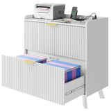 Modern Fluted Lateral File Cabinet with Charging Station