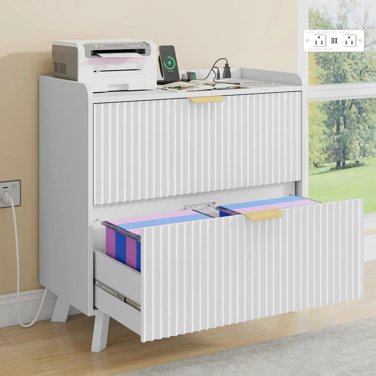 Modern Fluted Lateral File Cabinet with Charging Station