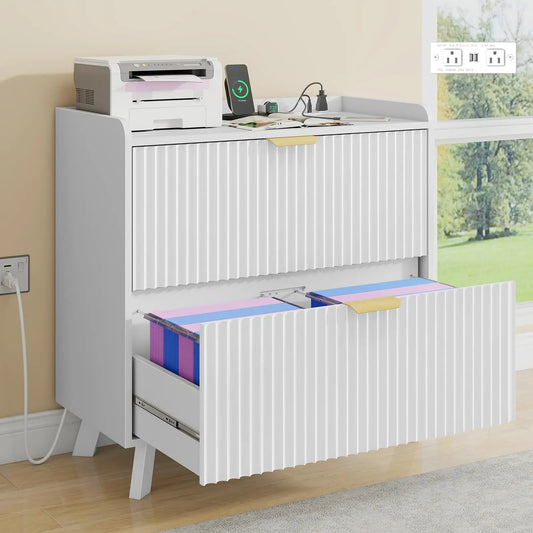 Modern Fluted Lateral File Cabinet with Charging Station