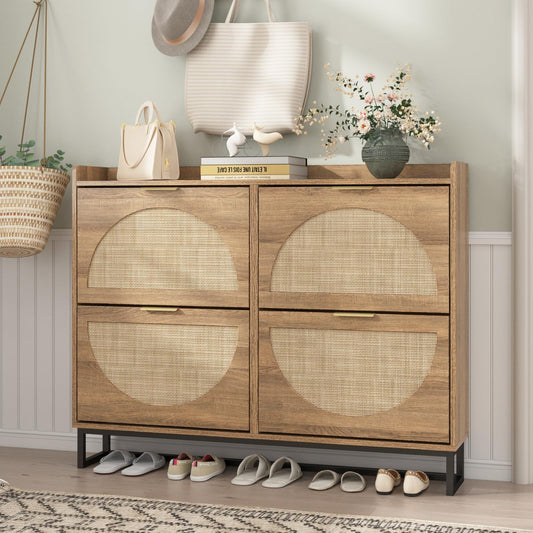 Freestanding Shoe Organizer Rattan Shoe Storage Cabinet