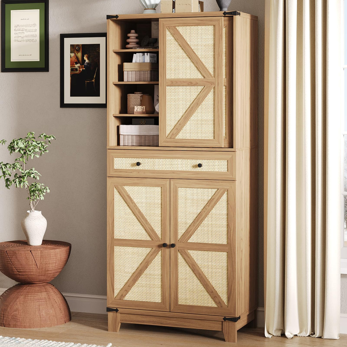 Rattan Pantry Cabinet Kitchen Storage with Adjustable Shelves