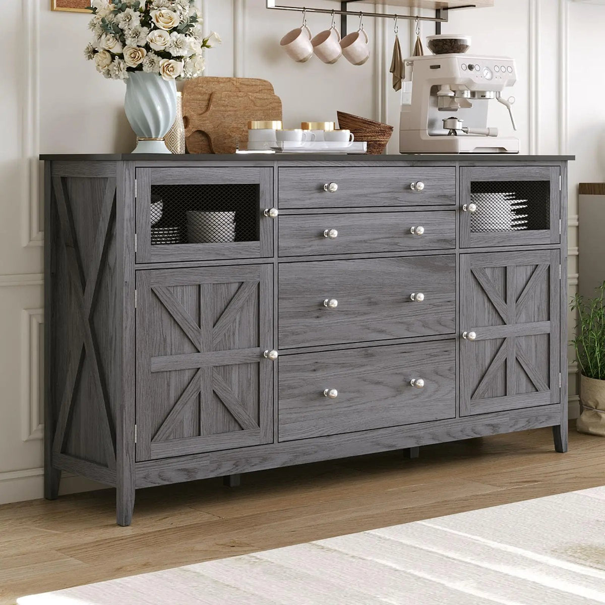 Farmhouse Sideboard  Buffet Table Storage Cabinet with 6 Drawers