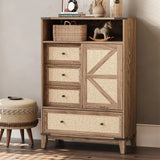 Rattan Dresser Chest of Drawers with Sliding Barn Door for Bedroom