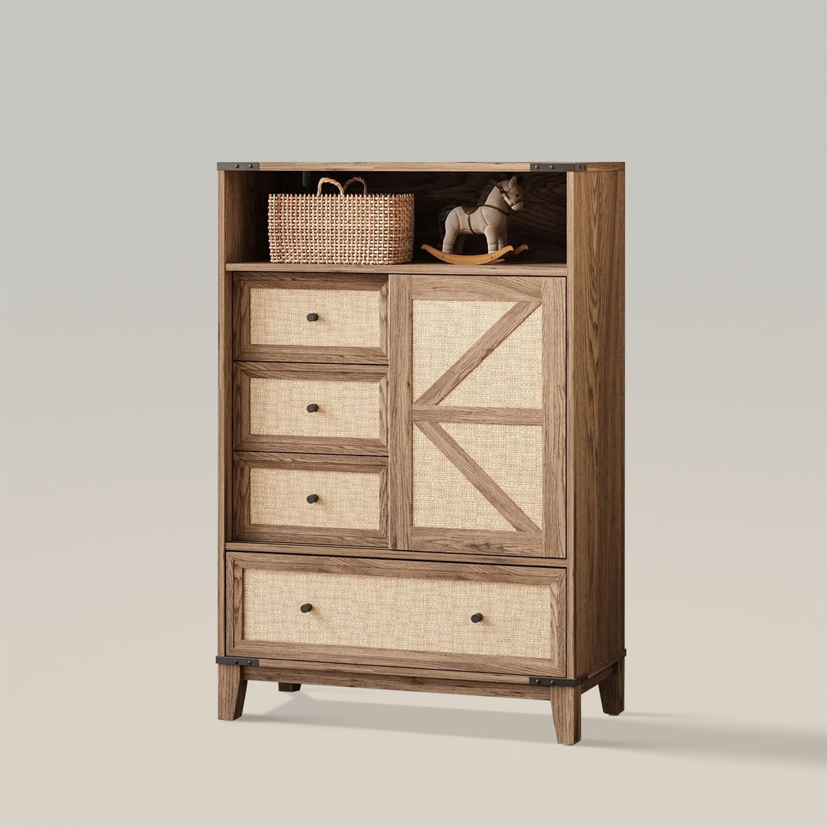 Rattan Dresser Chest of Drawers with Sliding Barn Door for Bedroom