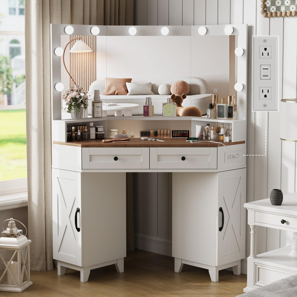 Farmhouse Corner Vanity Desk with Mirror and Lights