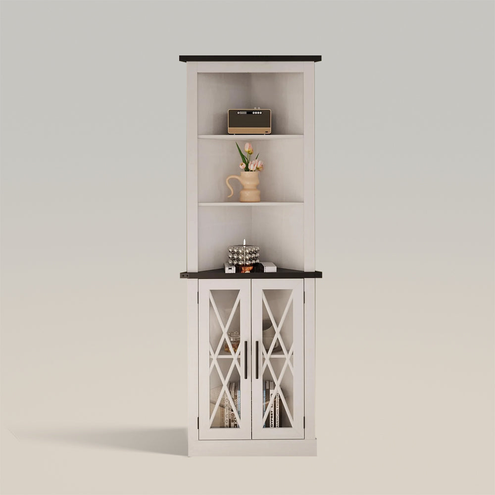 Modern Tall Corner  Storage Cabinet with 2 Glass Doors