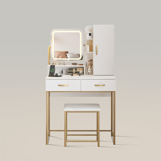 White Vanity Desk Makeup Table with Mirror and Lights