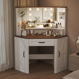 Corner Vanity Desk with Lighted Mirror and Charging Station