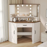 Corner Vanity Desk with Lighted Mirror and Charging Station