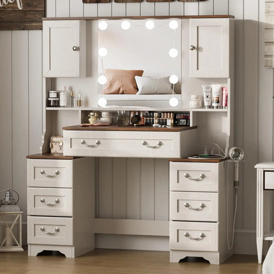 Farmhouse Makeup Vanity Desk with Lights and 7 Drawers