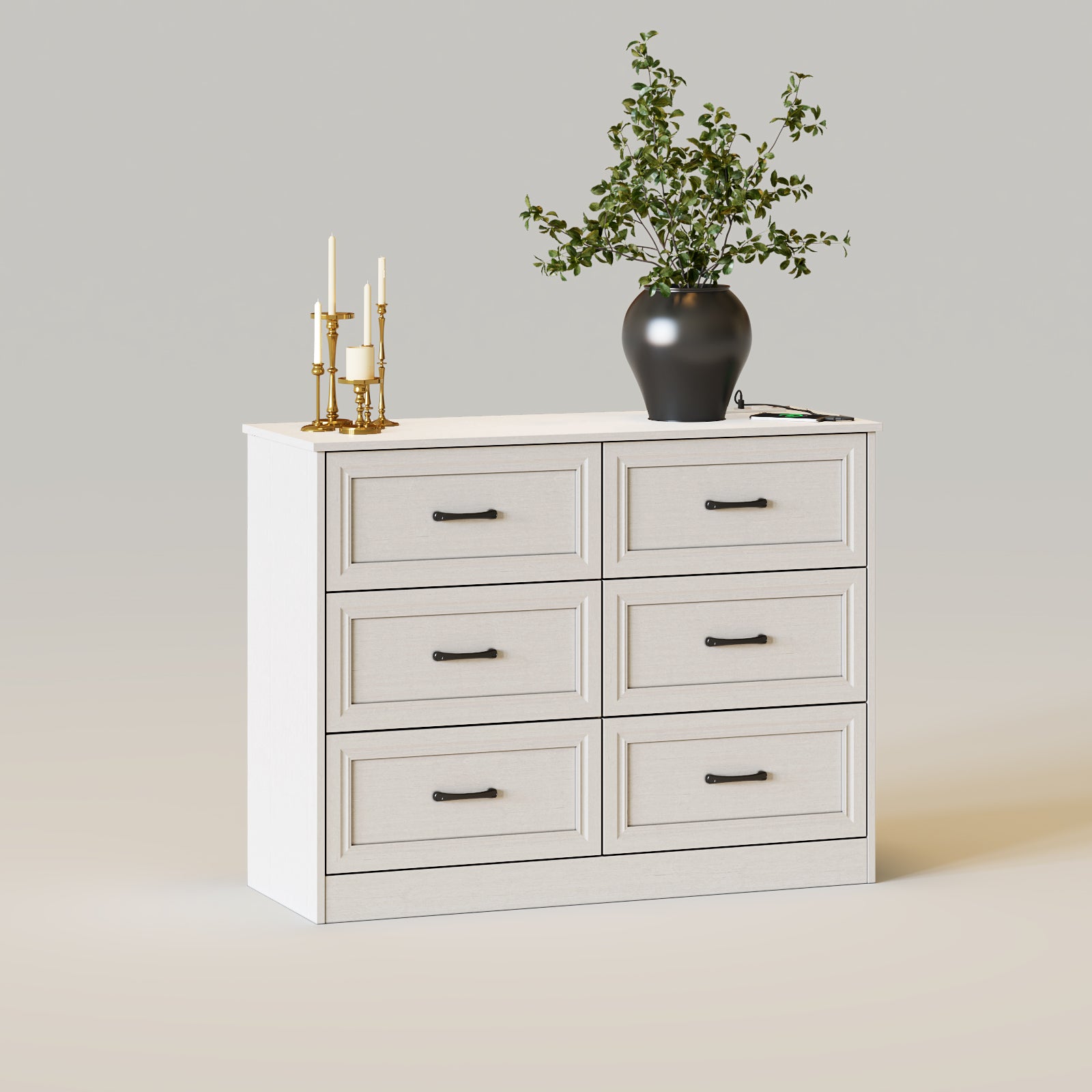 Wood 6 Drawer Chest Wide Dresser Organizer with Metal Handles and Charging Station Wood 6 Drawer Chest Wide Dresser Organizer with Metal Handles and Charging Station