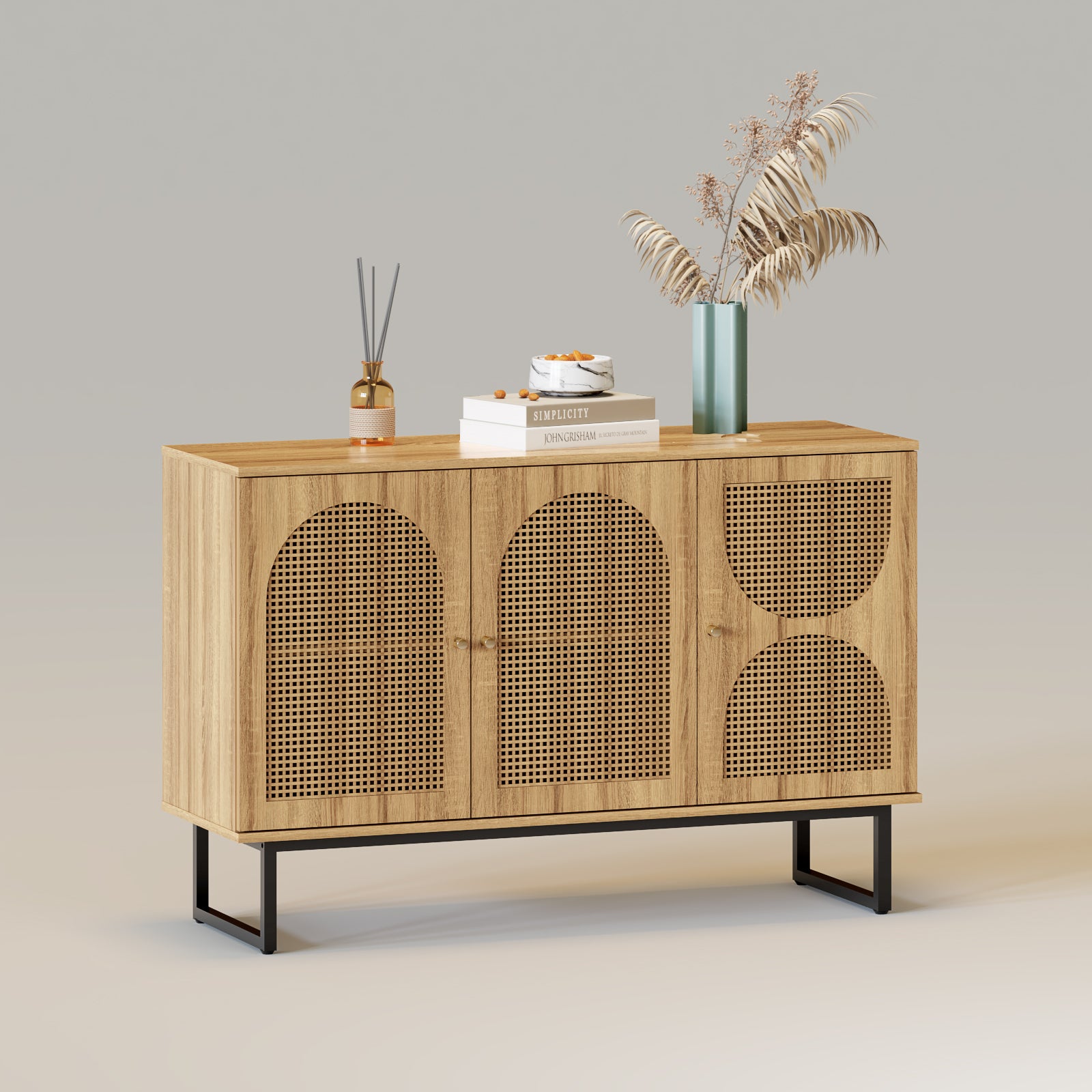 Sideboard Buffet Storage Cabinet with Rattan Doors and Metal Frame for ...