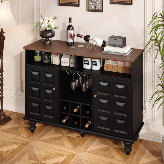 Mid Century Modern Black Wine Bar Cabinet with Storage, Liquor Cabinet with Wine Rack and Glass Holder