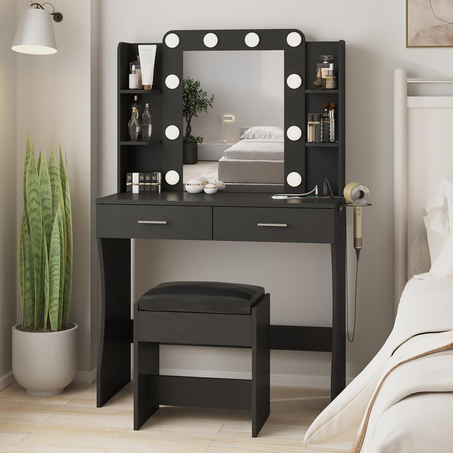 Tocador De Maquillaje Con Luz LED Regulable, Espejo Con Puertos USB Y Soporte Para Secador