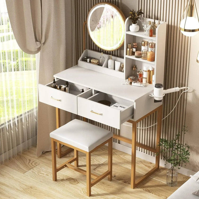 Large Makeup Vanity With 9 Drawers & LED Mirror - White And Gold Vanity Desk With Charging Station